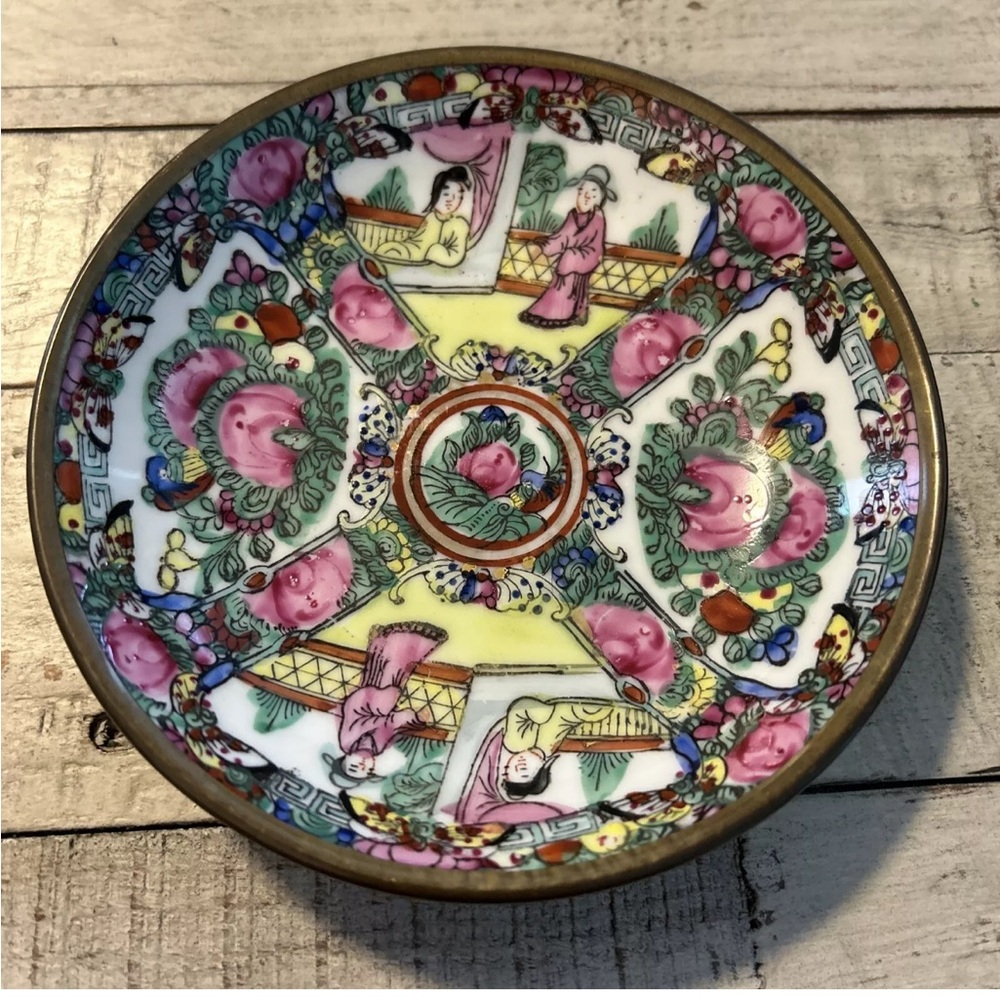 Vintage Japanese ACF Porcelain Ware Encased Pewter Bowl Dish Geisha Hong Kong